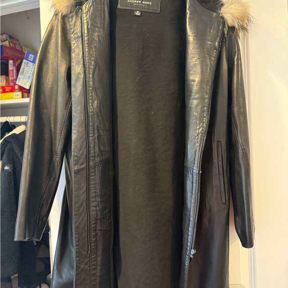 Andrew Marc Black Leather Jacket with Fur Trim